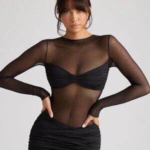 Oh Polly Sheer Panelled Long Sleeve Mini Dress in Black 8 / Regular Length